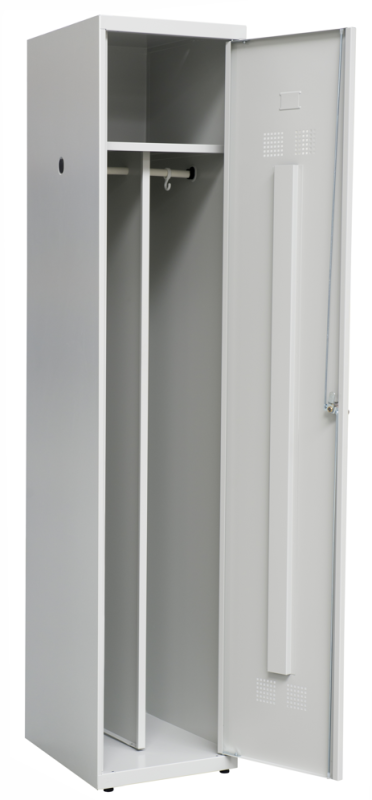 Stahl-Kleiderschrank mit 1 Tür, Spind auf Sockel mit einer Tür inkl. Schwarz-Weiß-Trennwand , Hutboden und Kunststoff-Kleiderstange inkl. 4 Kleiderhaken